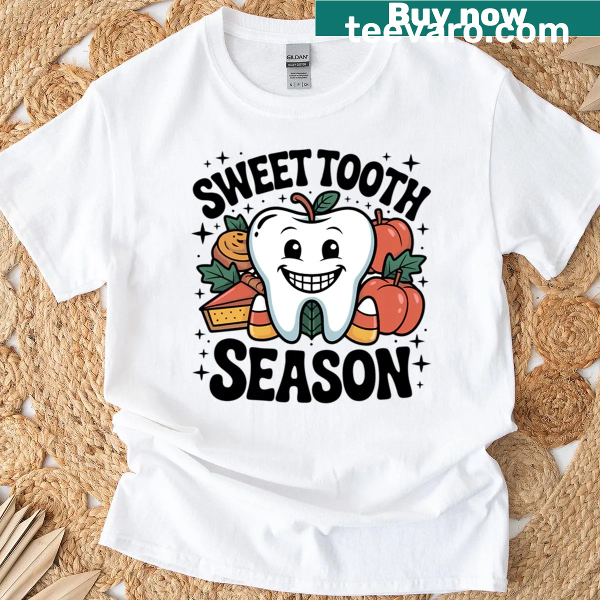 Charming t-shirt with fall and dental-themed graphics — on a men's t-shirt