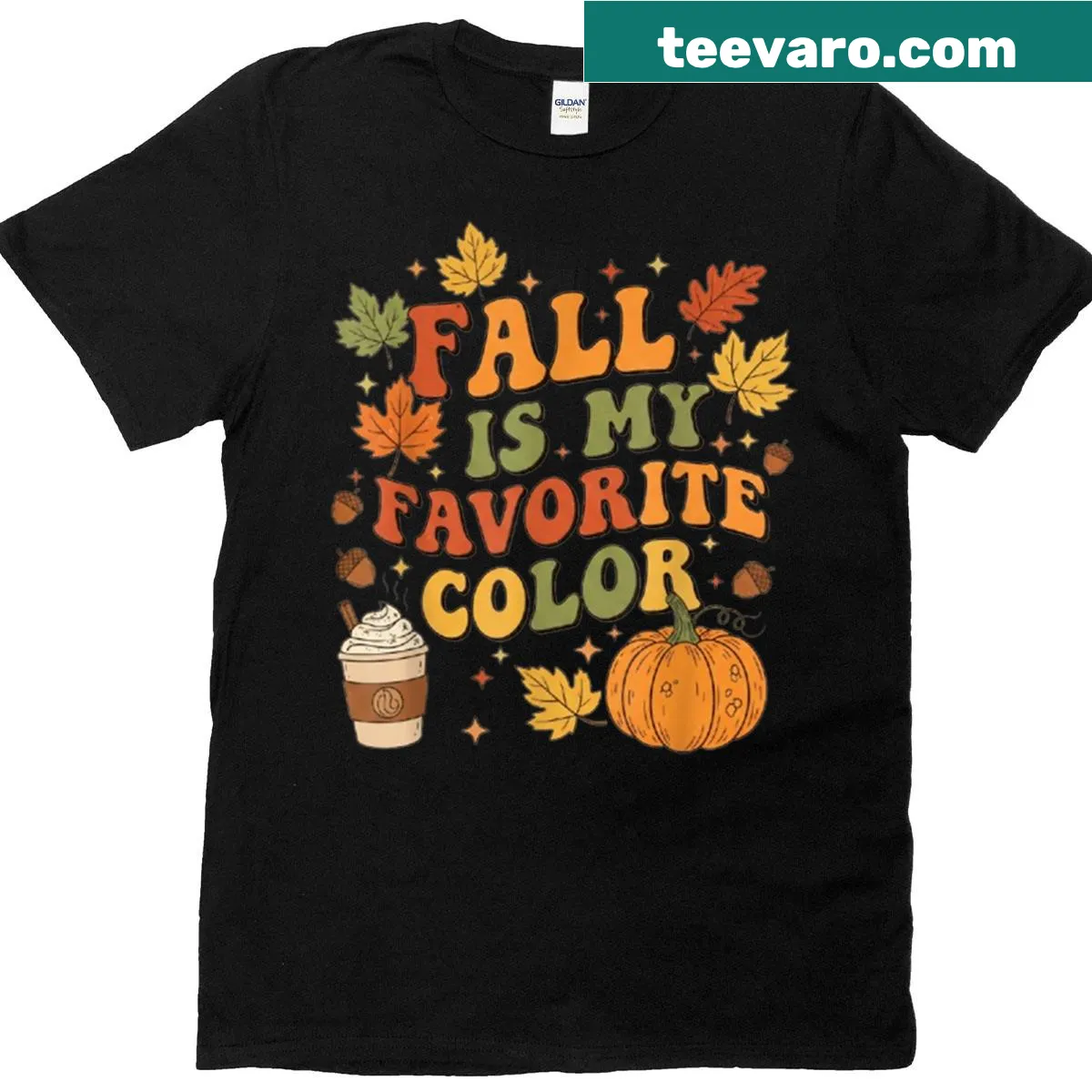 Fall-themed T-shirt with pumpkins and falling leaves — on a men's t-shirt