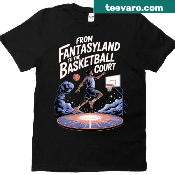 Basketball-themed T-shirt with court design and league elements