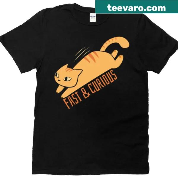 Cartoon design of a curious cat in motion on a T-shirt