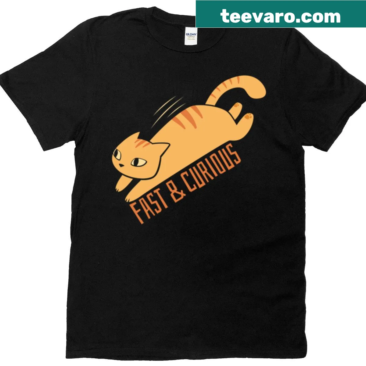 Cartoon design of a curious cat in motion on a T-shirt — on a men's t-shirt
