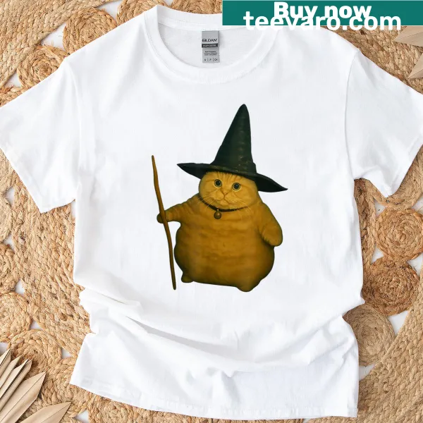 Humorous Fat Cat Witch T-shirt featuring a chubby cat in a witch hat