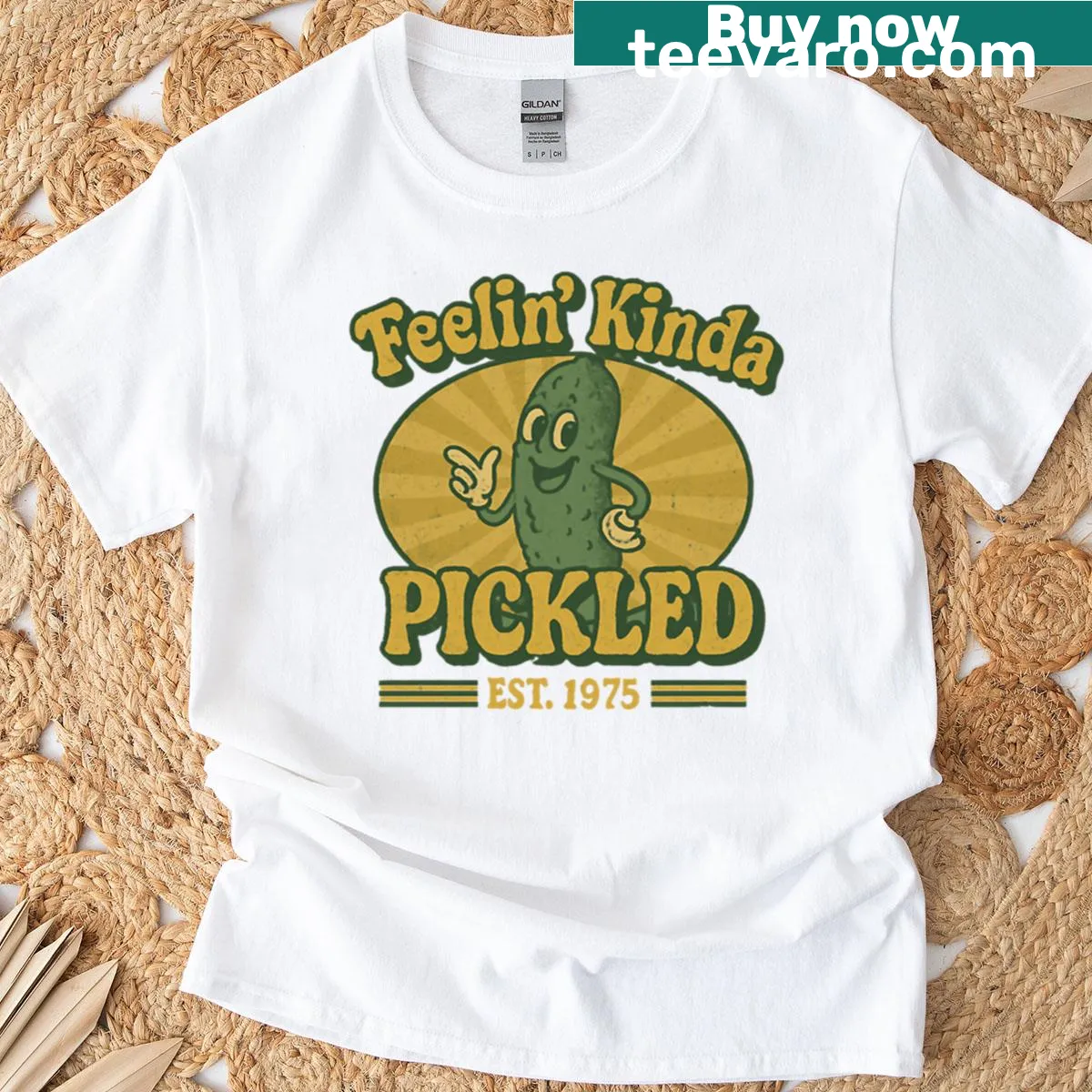 Retro cartoon pickle graphic t-shirt — on a men's t-shirt