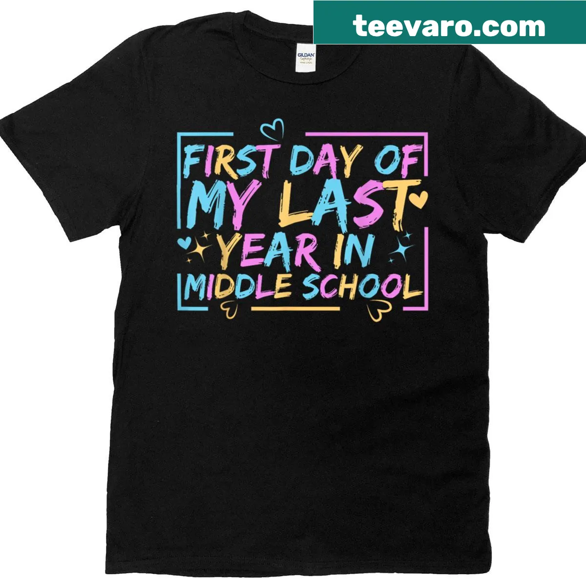 T-shirt marking the first day of the last year in middle school — on a men's t-shirt