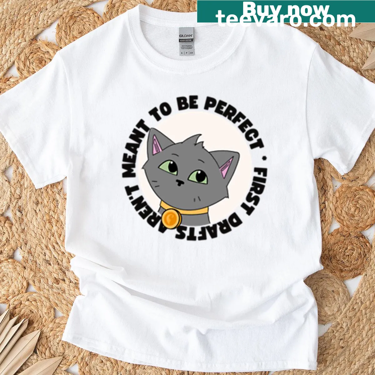 Oversized tee with 'First Drafts Aren't Meant To Be Perfect' text on white background — on a men's t-shirt