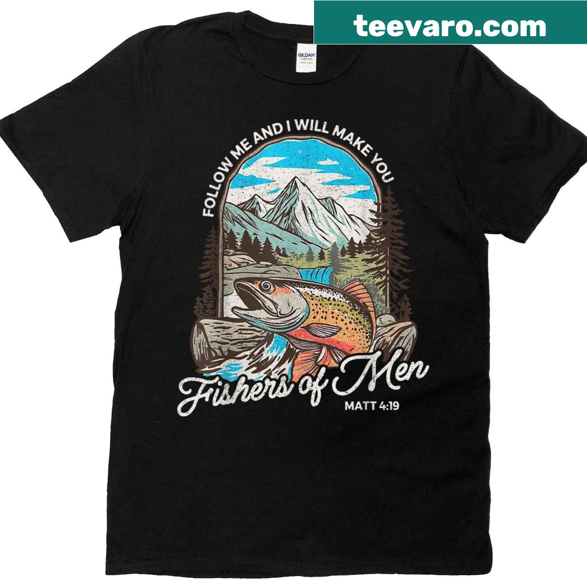Christian t-shirt for dads with the phrase Fisher of Men, referencing Matthew 4:19 — on a men's t-shirt