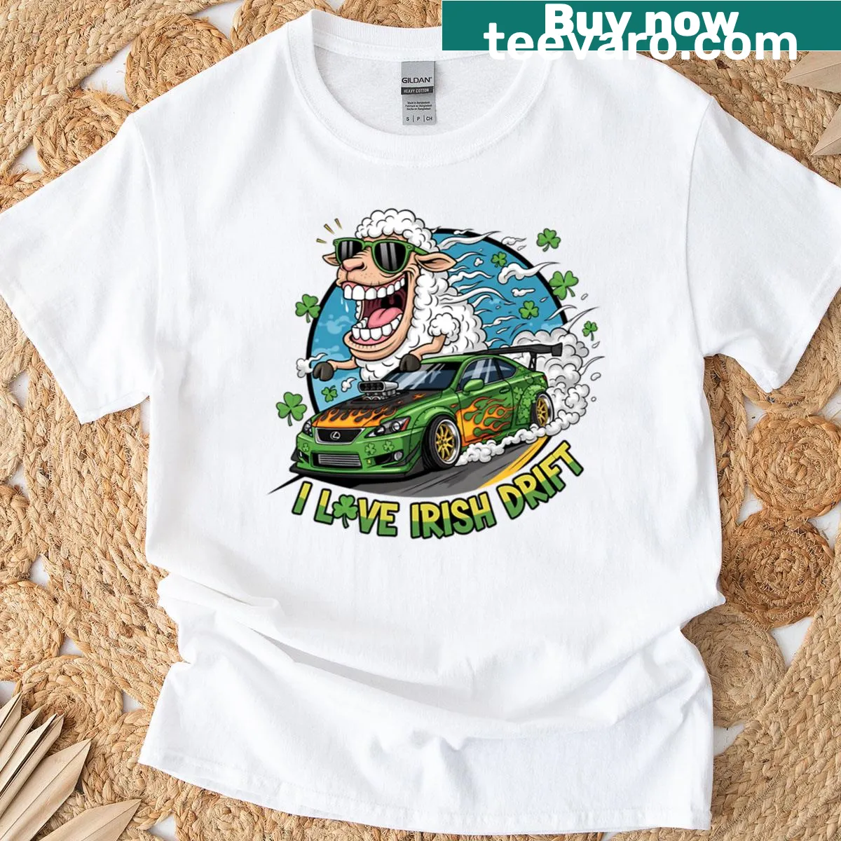 Flaming shamrock design for Irish drift series T-shirt — on a men's t-shirt