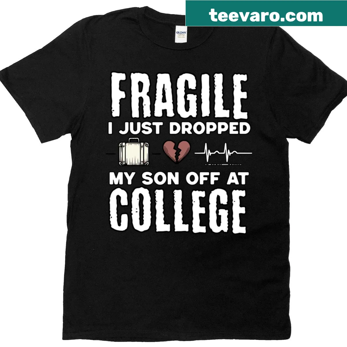 Oversized T-shirt with the phrase 'Fragile: I Just Dropped My Son Off At College' — on a men's t-shirt