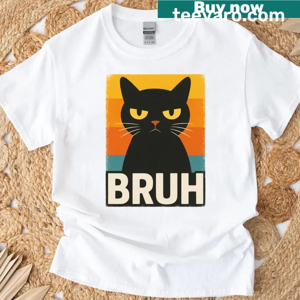 Meme graphic t-shirt with a funny cat and 'bruh' text