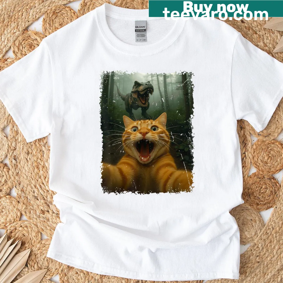 Funny cat selfie with T-rex dinosaur graphic — on a men's t-shirt