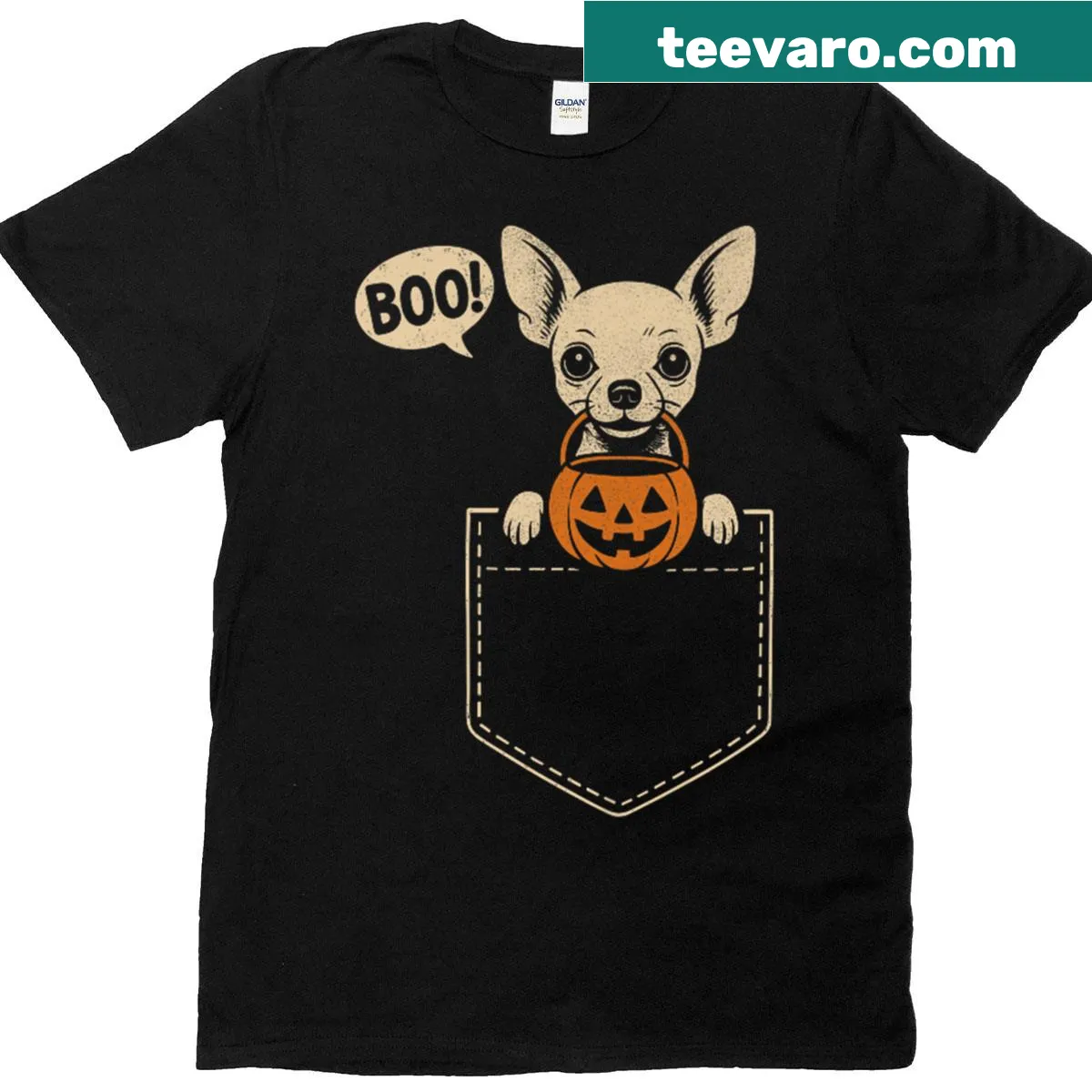 Cute Chihuahua in pocket with Boo text for Halloween — on a men's t-shirt