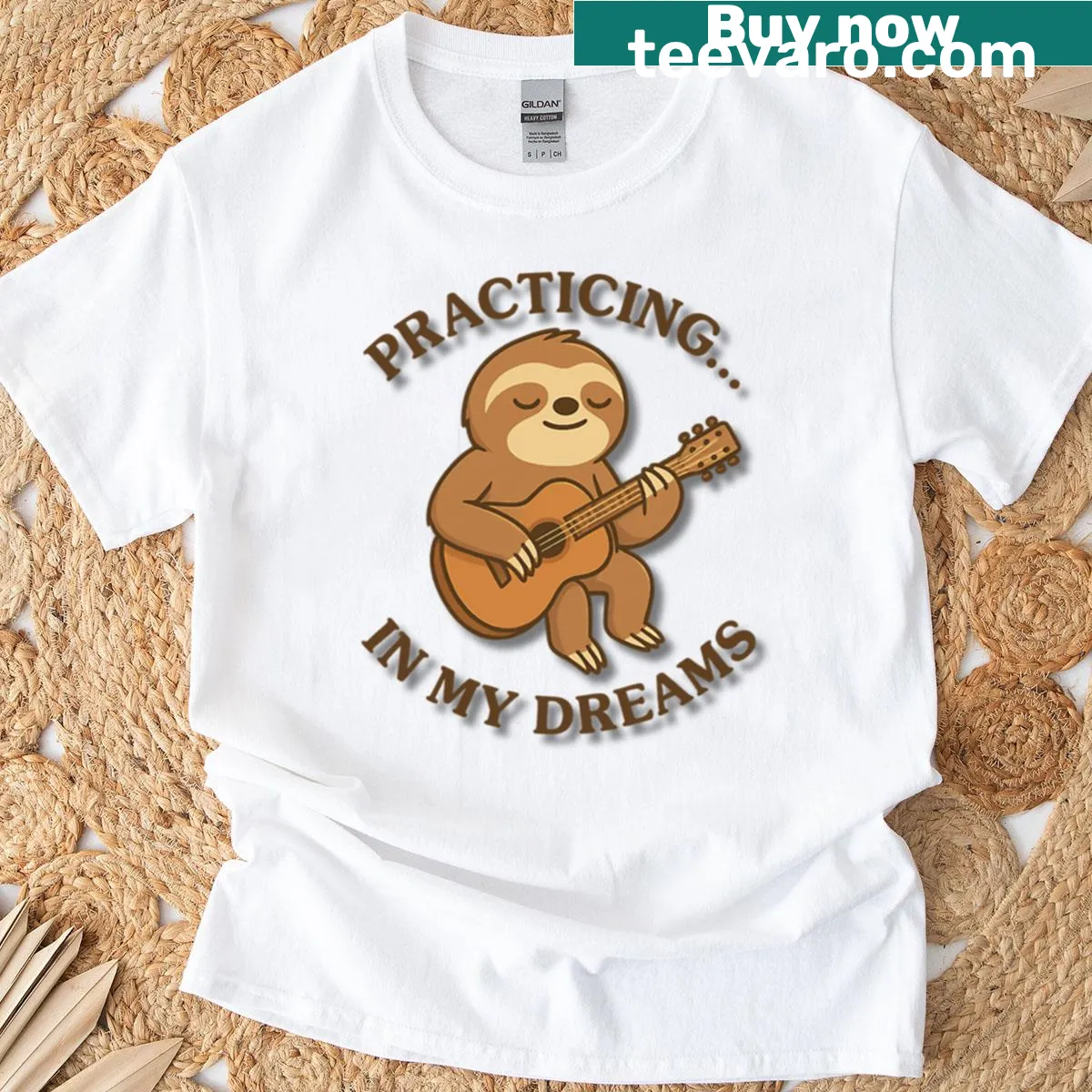 Cute sloth practicing guitar in a dream illustration T-shirt — on a men's t-shirt
