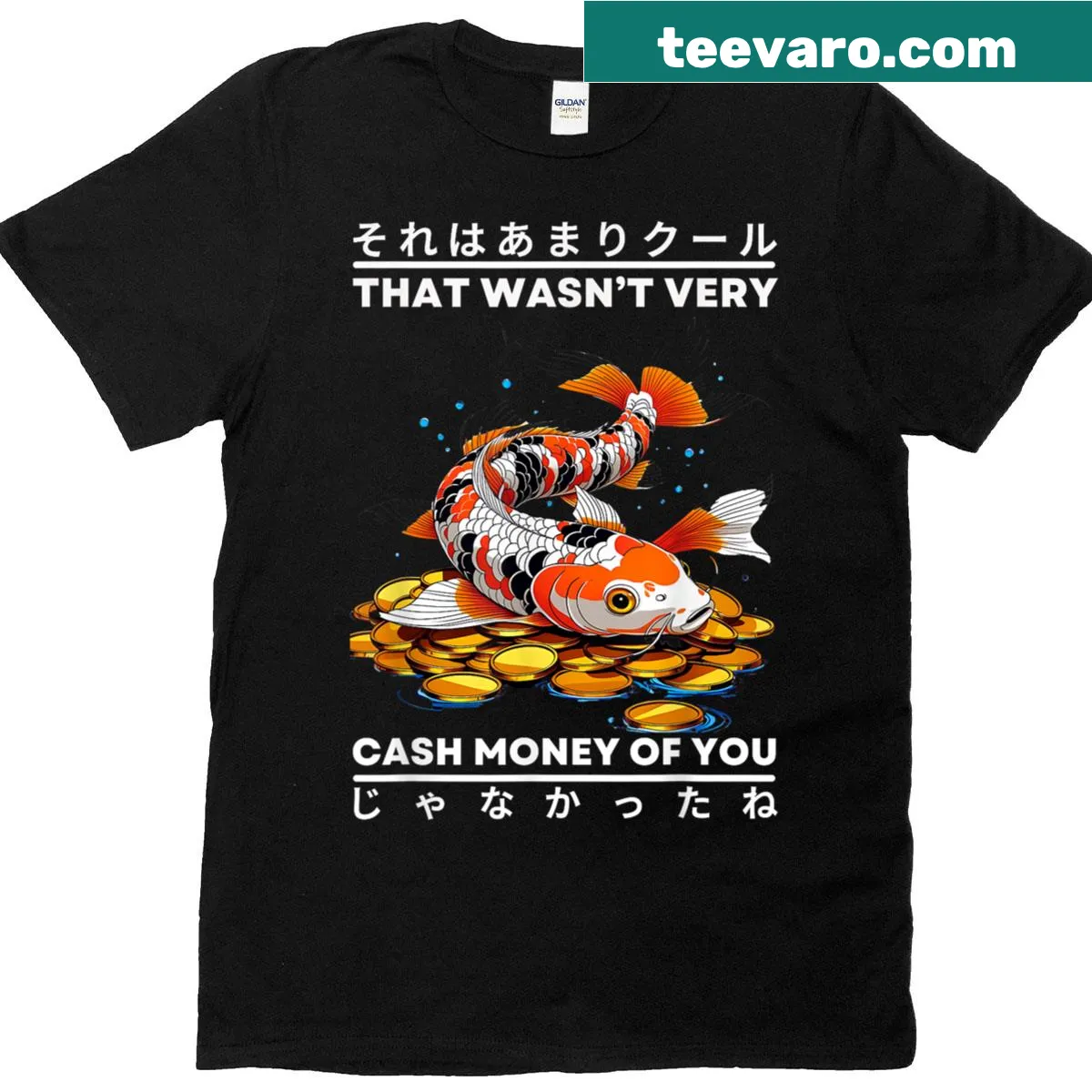 Koi fish and coins graphic t-shirt design — on a men's t-shirt