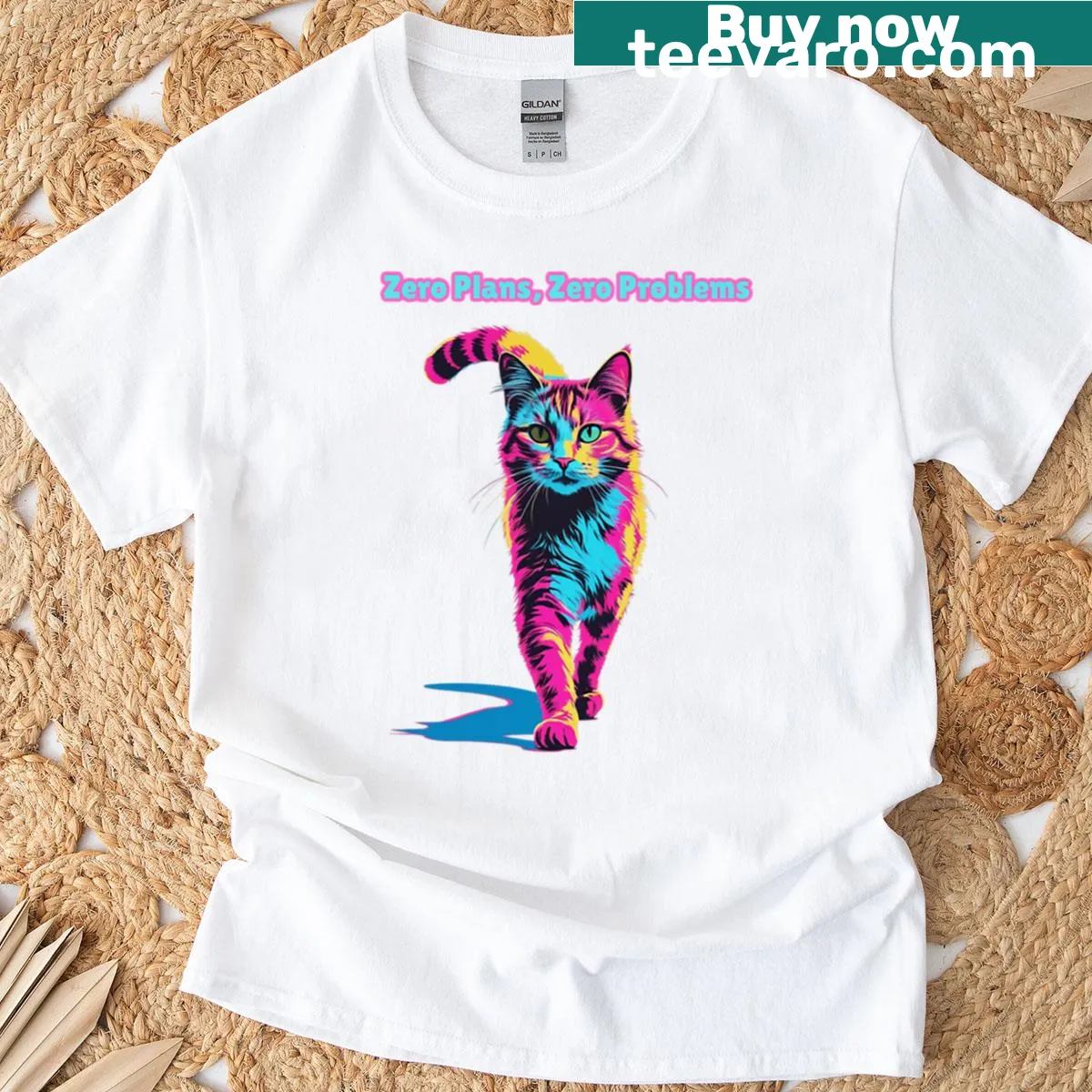 Pop art style cat graphic on a humorous t-shirt — on a men's t-shirt