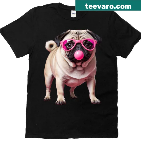 Full-body pug graphic with bubblegum and glasses