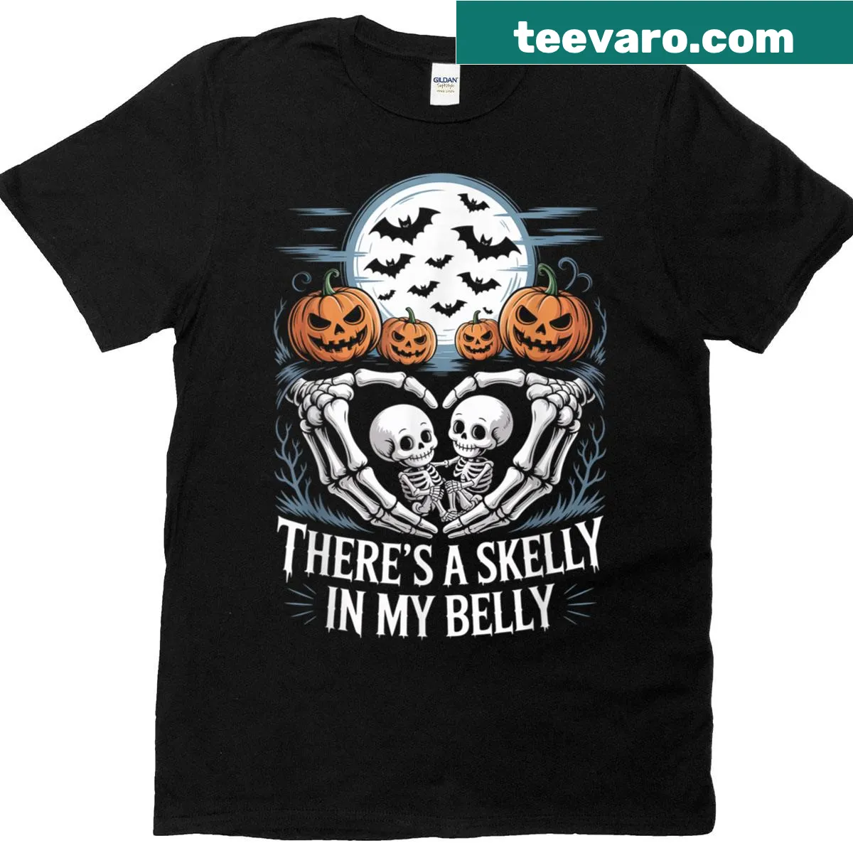 Pregnant Halloween shirt featuring a skeleton graphic — on a men's t-shirt