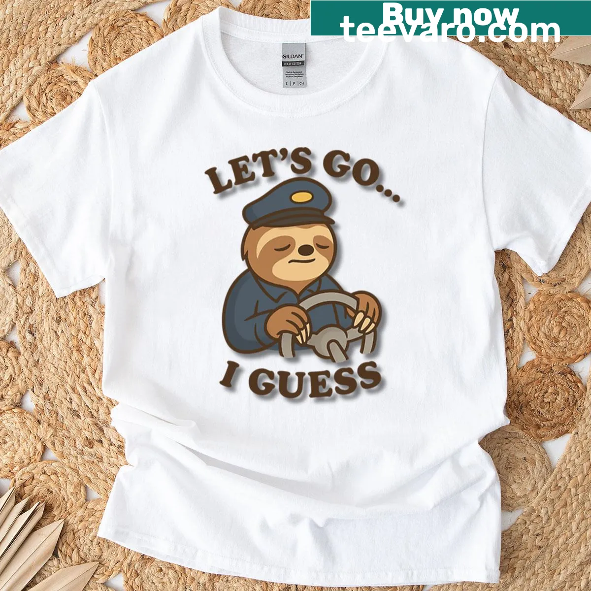 Oversized funny T-shirt featuring a sloth driving and quirky text — on a men's t-shirt
