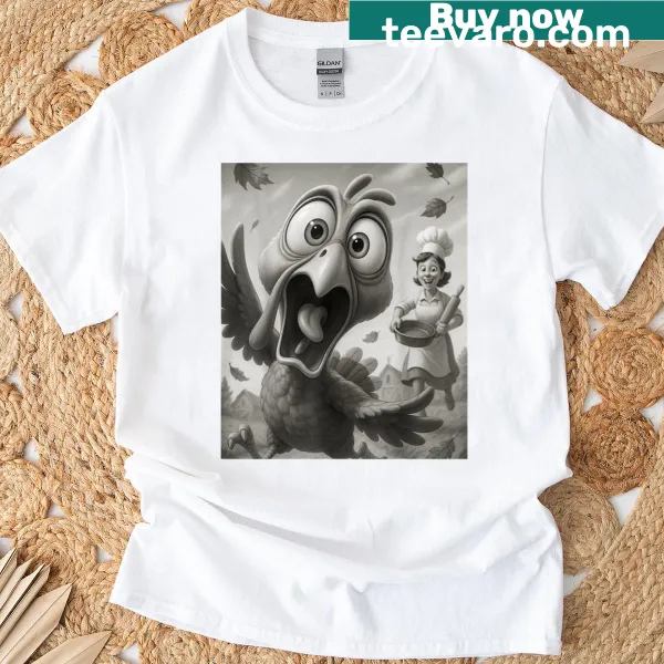 Cartoon turkey escaping humorously for Thanksgiving t-shirt