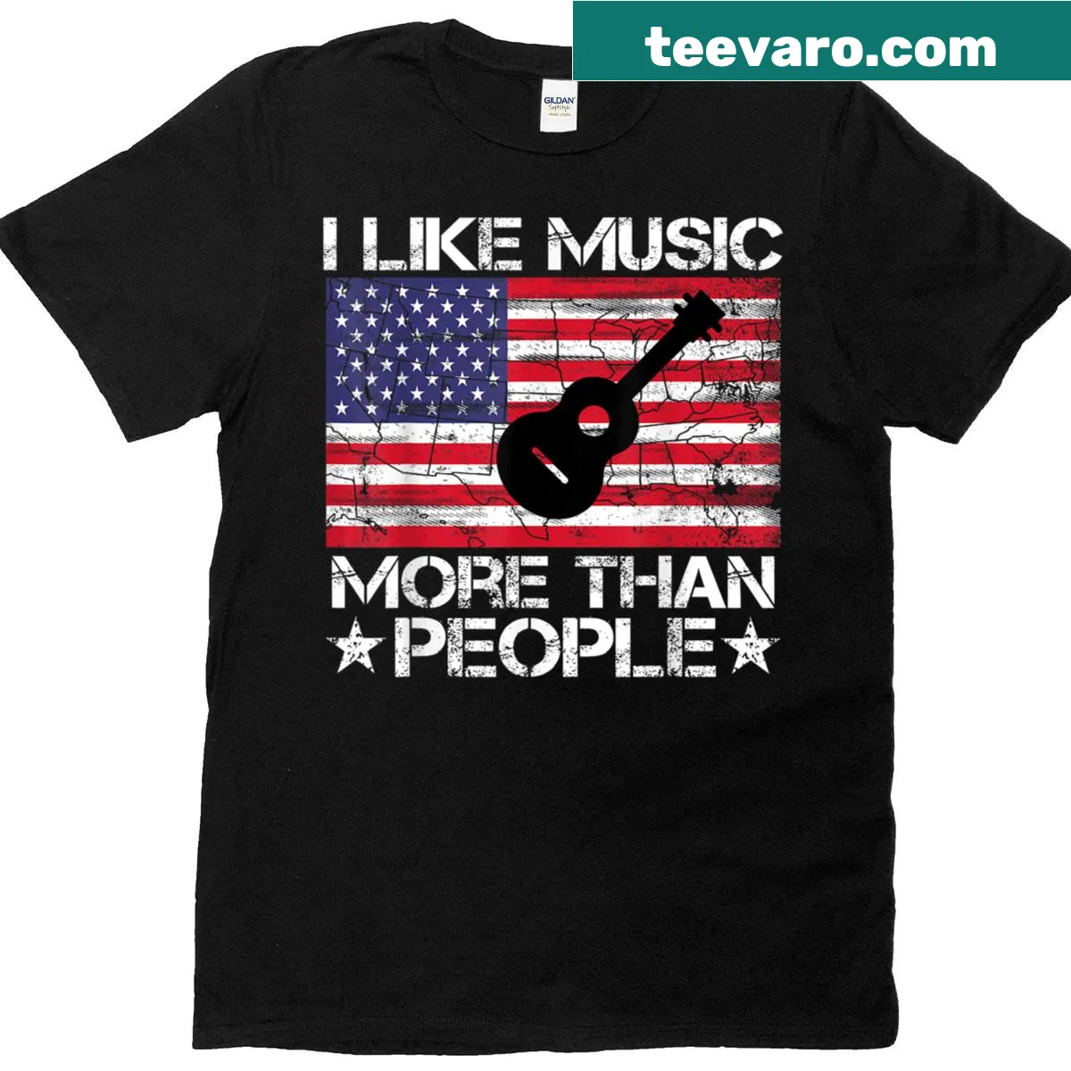 T-shirt featuring a guitar with USA flag design and humorous text — on a men's t-shirt