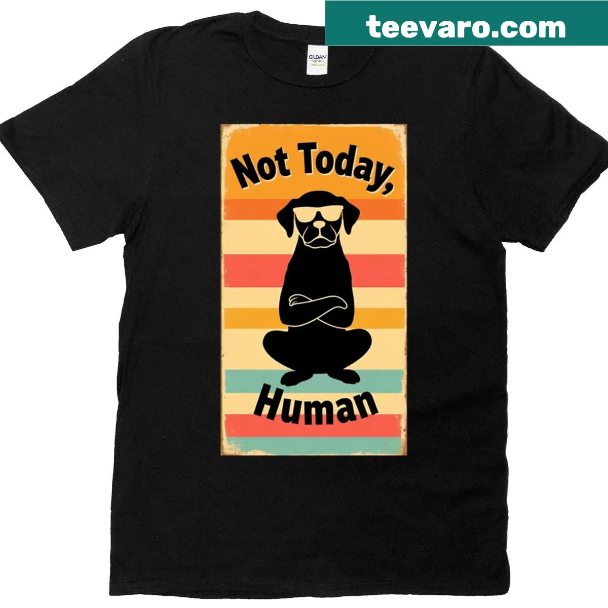 T-shirt with a whimsical dog illustration and 80s sunset design — on a men's t-shirt