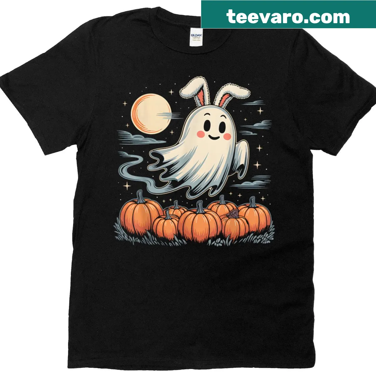 Cute ghost bunny graphic on Halloween T-shirt — on a men's t-shirt