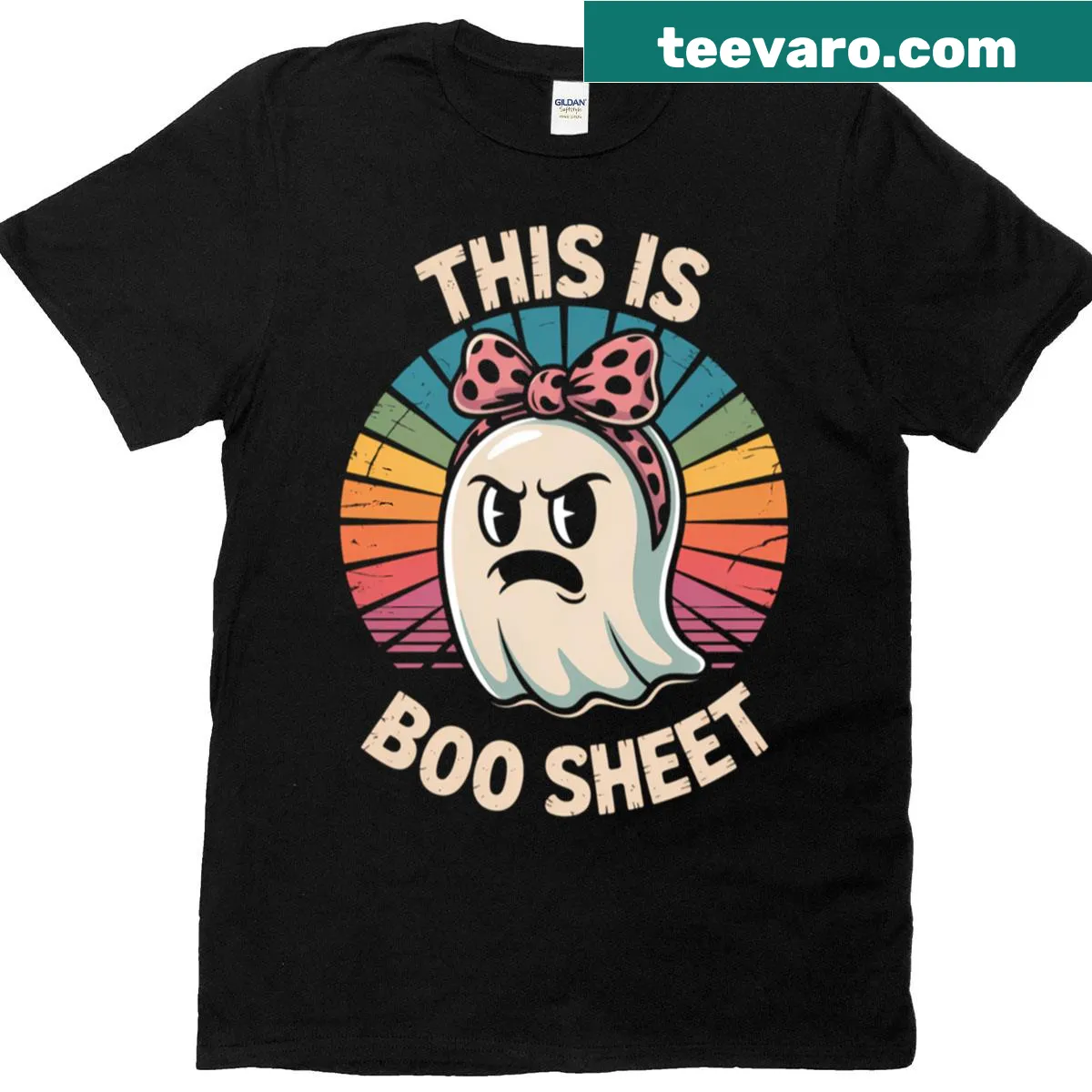 Funny ghost in leopard print on Halloween T-shirt — on a men's t-shirt