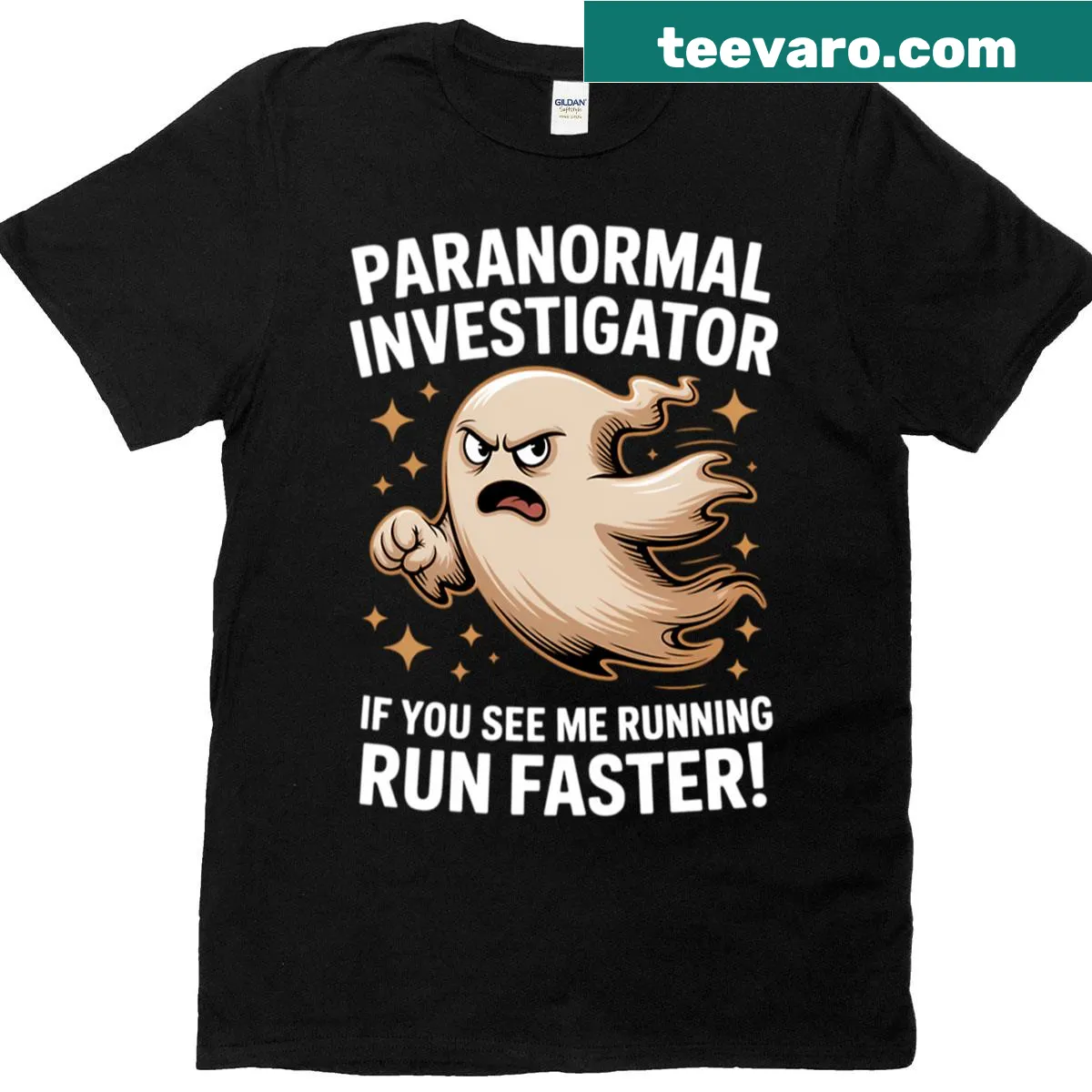Funny ghost hunting investigator graphic on Halloween T-shirt — on a men's t-shirt