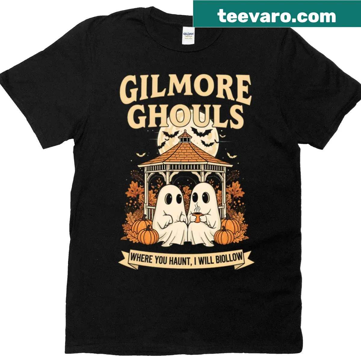 Halloween T-shirt with ghoul-themed illustration and humorous text — on a men's t-shirt