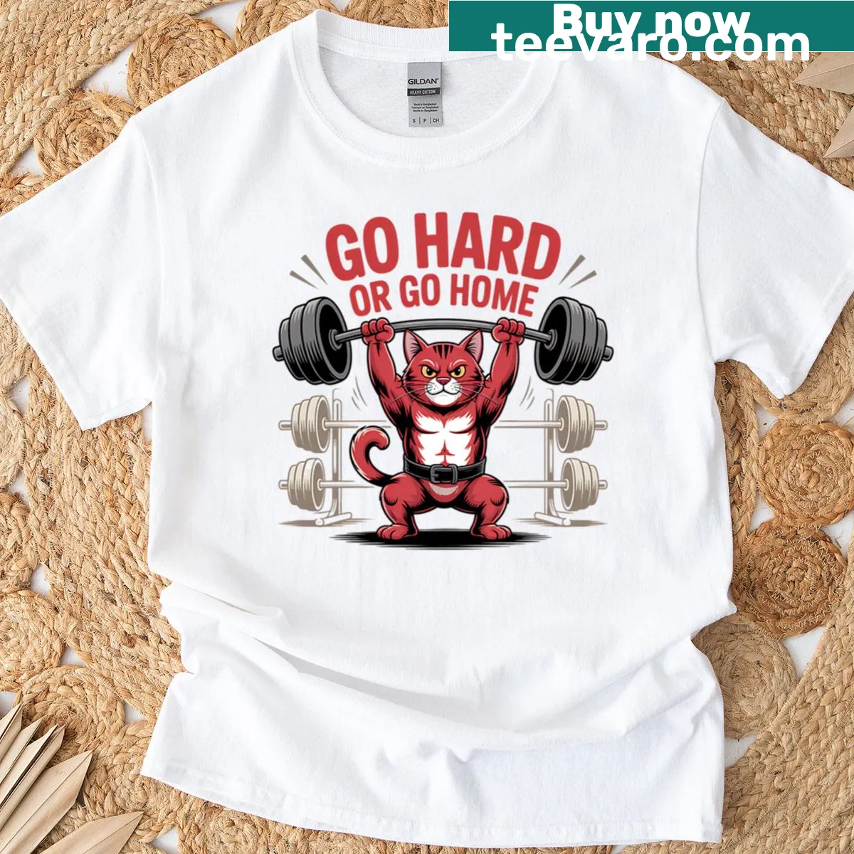 Funny cat weightlifting design T-shirt with motivational quote — on a men's t-shirt