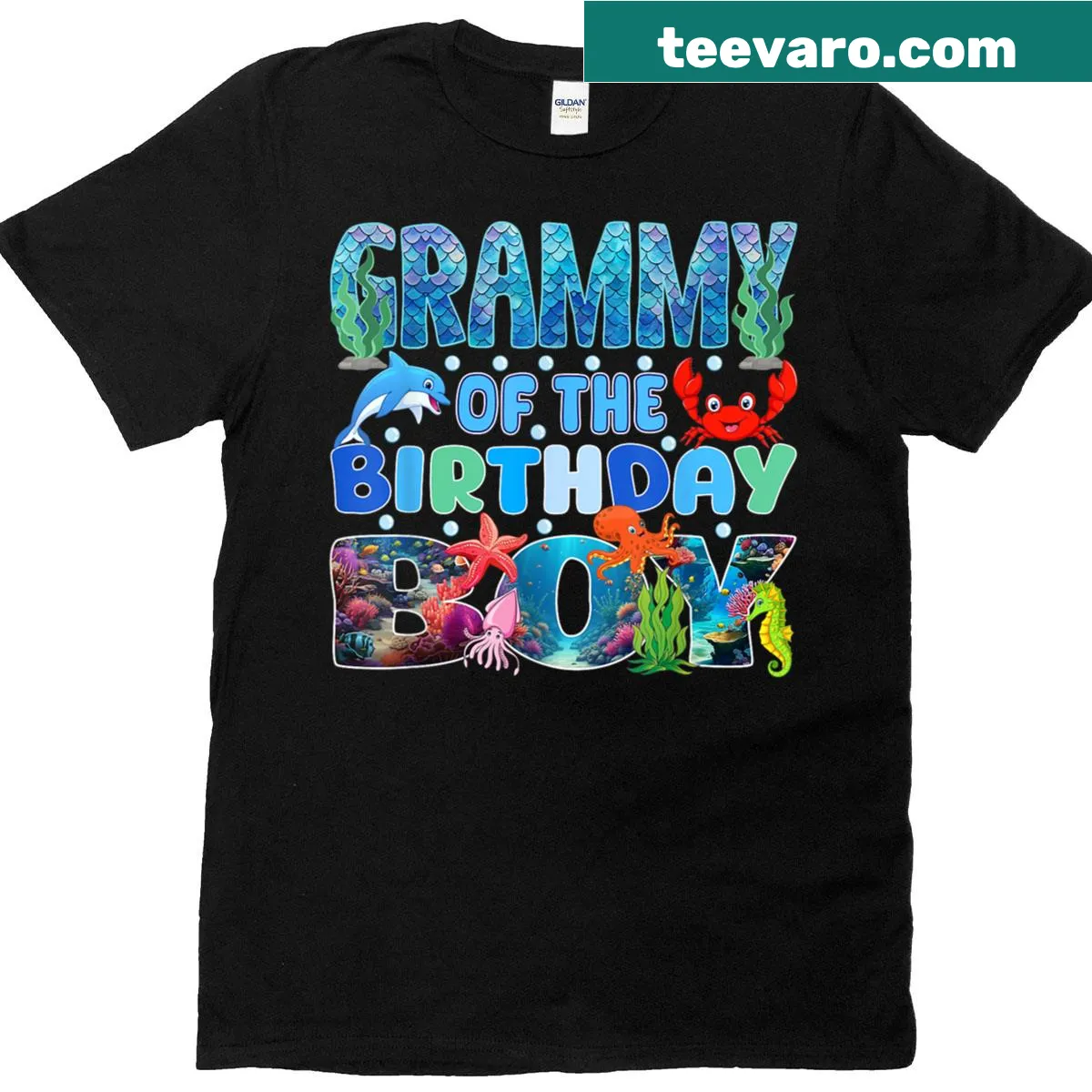 Illustrated T-shirt for grandma with birthday boy text and sea animals — on a men's t-shirt