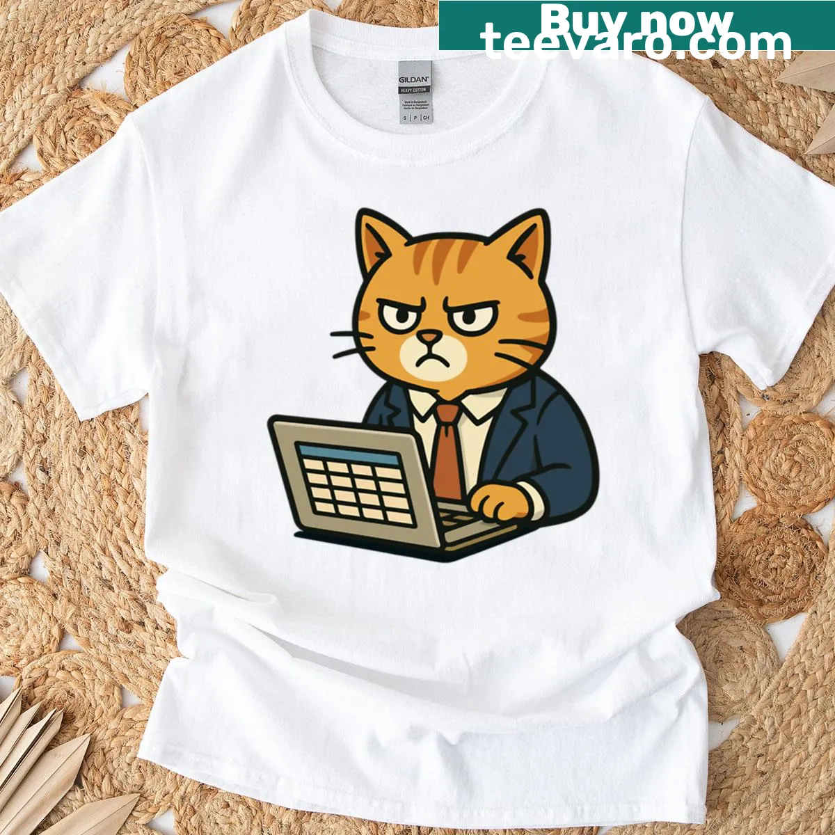 Oversized t-shirt featuring a grumpy business cat cartoon — on a men's t-shirt