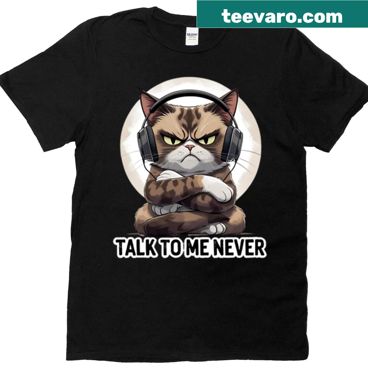 Grumpy cat with headphones graphic on a T-shirt — on a men's t-shirt