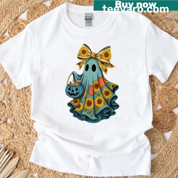Graphic of a ghost with sunflowers on a denim-like shirt