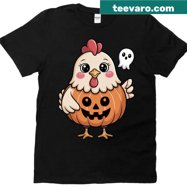 Funny Halloween T-shirt featuring a whimsical chicken dressed for the season
