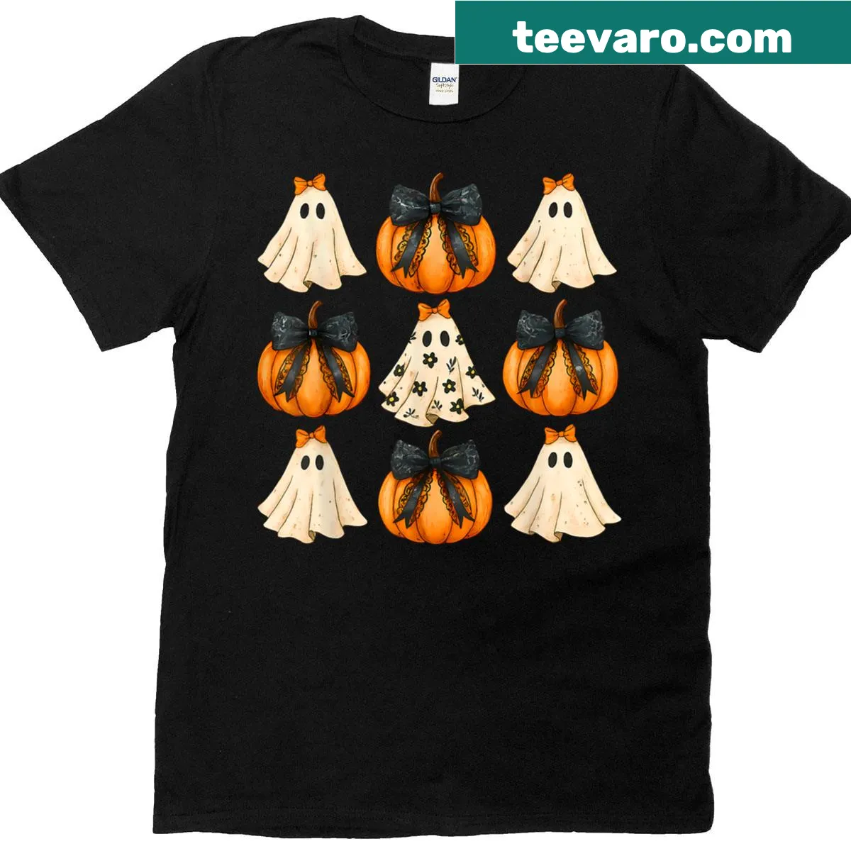 Halloween t-shirt with pumpkin, ghost, and bow illustration — on a men's t-shirt