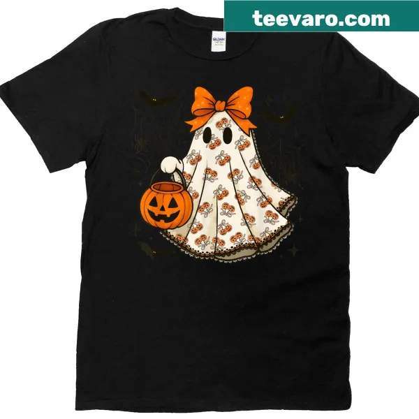Cute Halloween T-shirt with a lace ghost, bow, and cherry pumpkin design