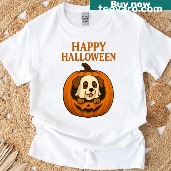Cute puppy inside a pumpkin graphic on Halloween T-shirt
