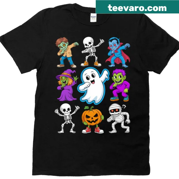 Cute skeleton and pumpkin graphic on Halloween t-shirt