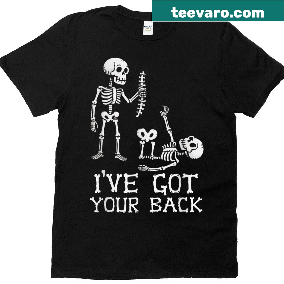 Halloween t-shirt featuring skeletons with the phrase I've Got Your Back — on a men's t-shirt