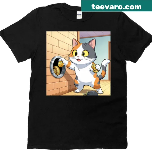 Illustration of a happy calico cat saving money with coins
