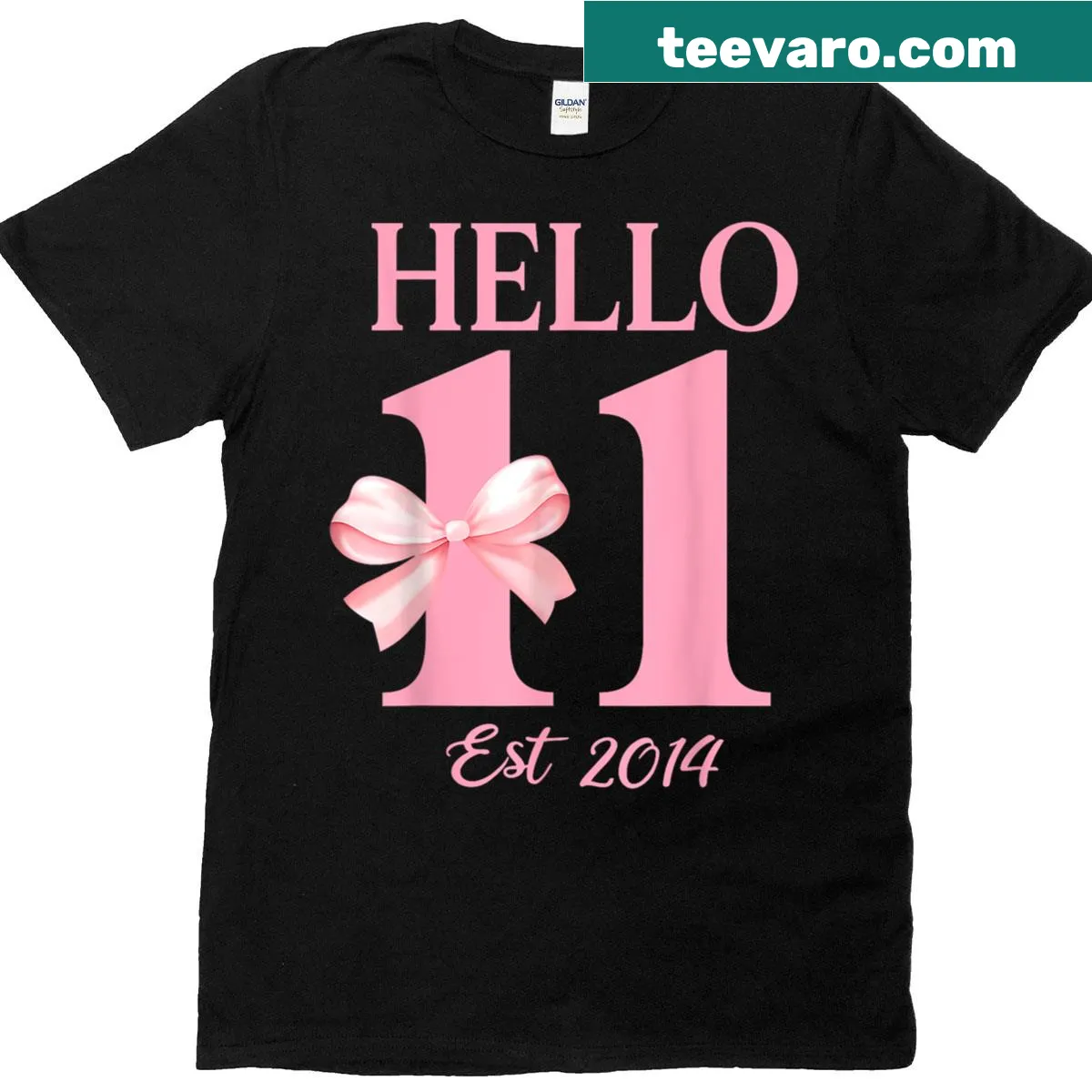 Birthday t-shirt with Hello Eleven graphic and cute bow — on a men's t-shirt