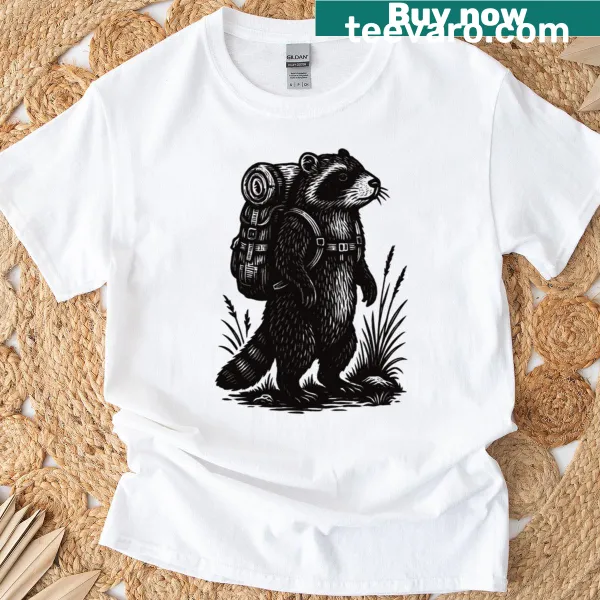Vintage-style oversized T-shirt with a hiking raccoon design