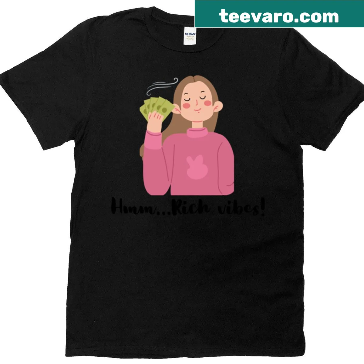 Cartoon girl with money graphic on a humorous T-shirt for women — on a men's t-shirt