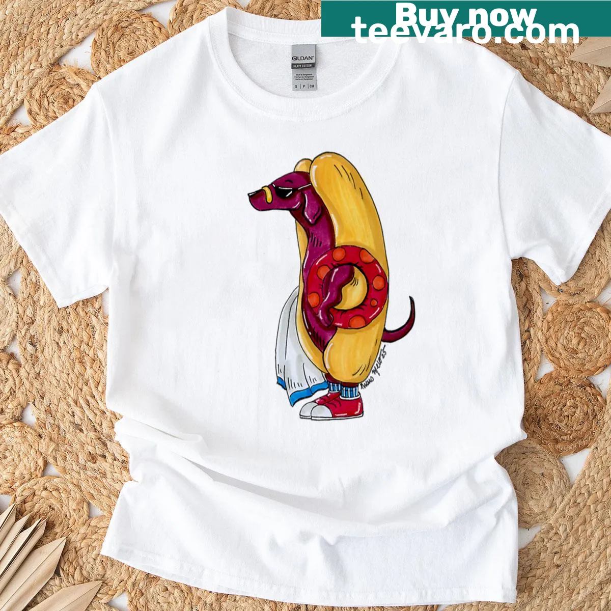 T-shirt featuring an illustration of a dog enjoying summer sun — on a men's t-shirt
