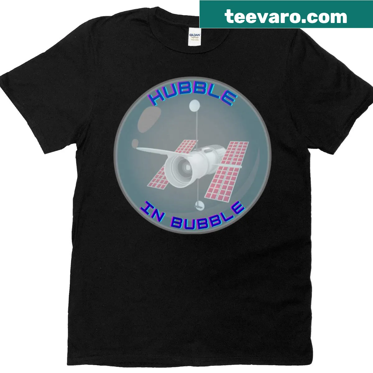 Whimsical Hubble space design on oversized t-shirt — on a men's t-shirt