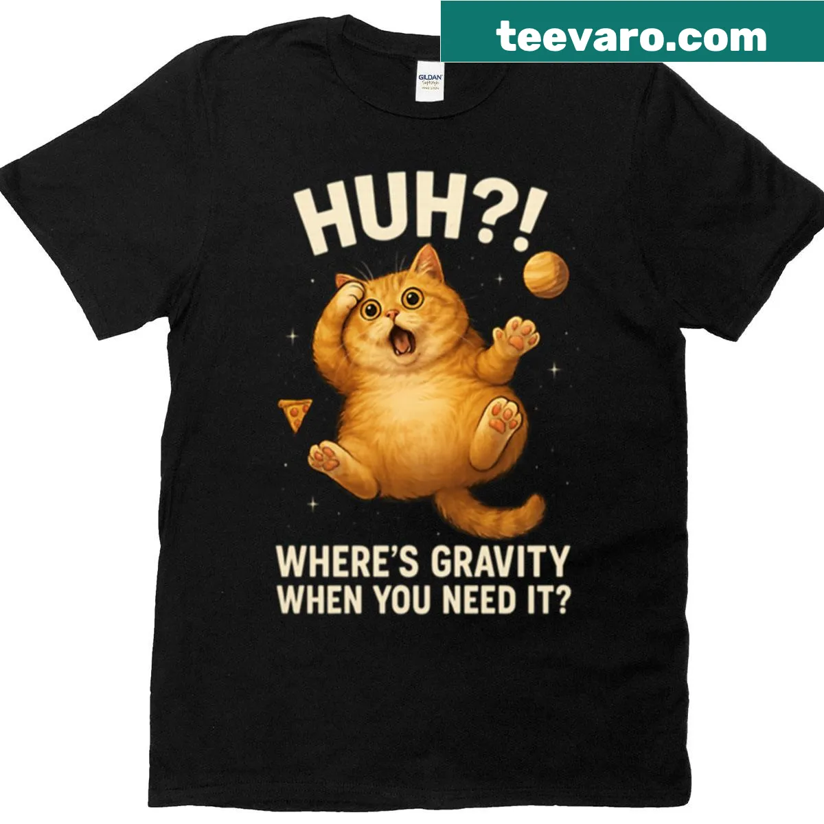 Funny t-shirt featuring a confused chonky cat floating in space — on a men's t-shirt