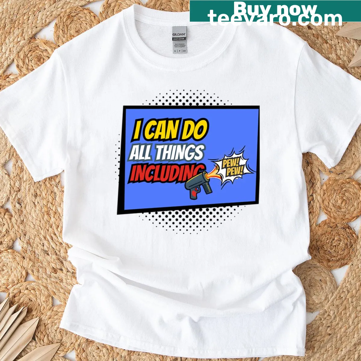 Playful text graphic of 'I Can Do All Things Pew Pew' — on a men's t-shirt