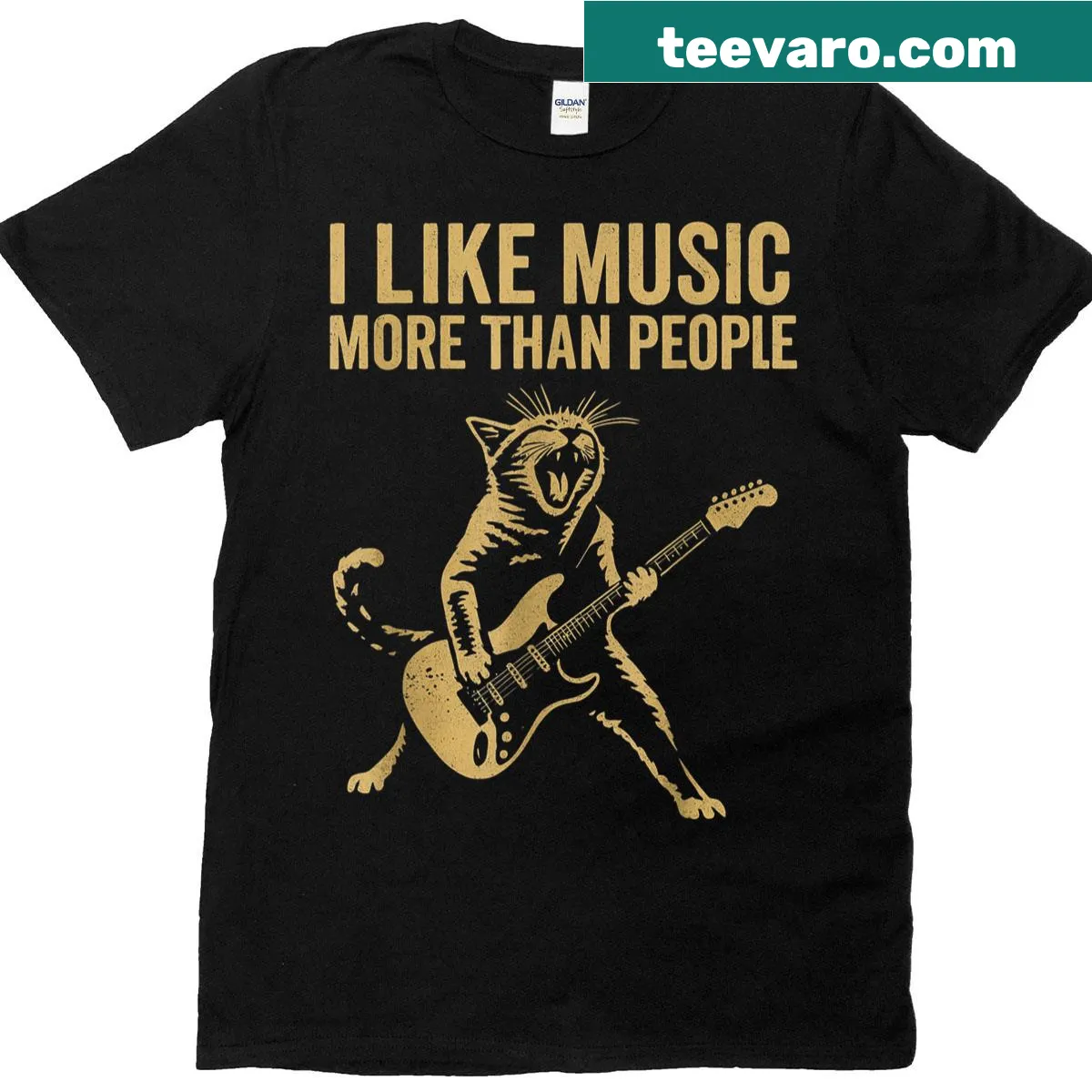 Funny cat playing guitar graphic on t-shirt — on a men's t-shirt