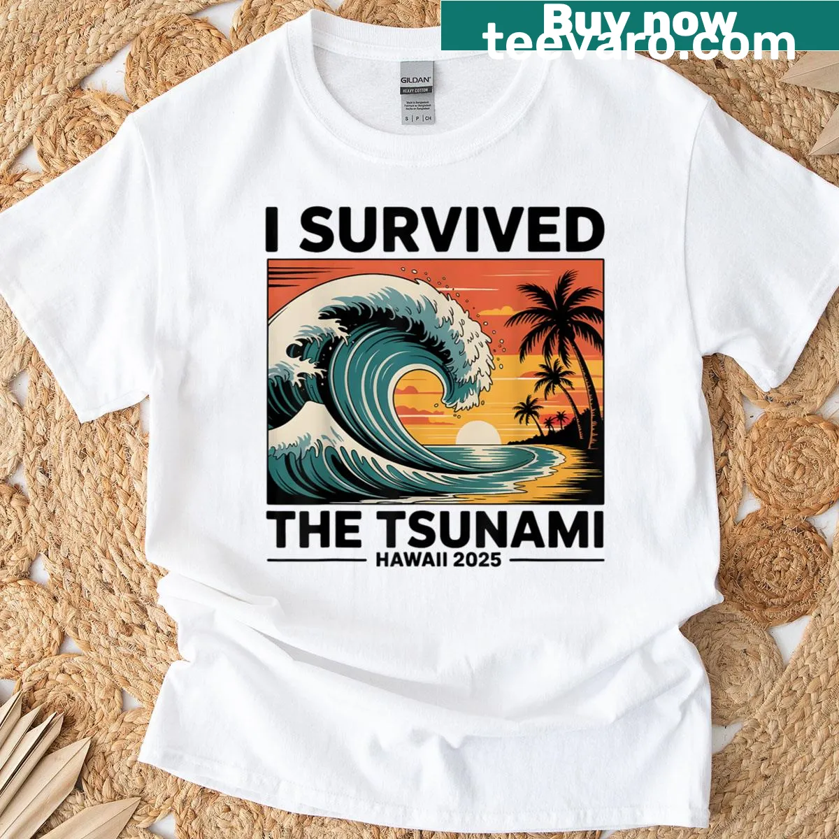 T-shirt celebrating survival with a humorous Hawaii tsunami reference — on a men's t-shirt