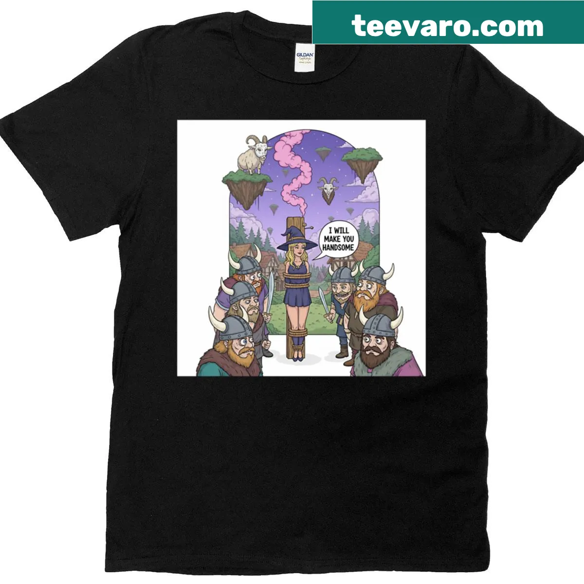 Cartoon Viking and witch graphic t-shirt with humorous text — on a men's t-shirt